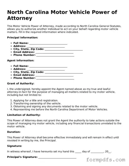 Printable Motor Vehicle Power of Attorney Form for the State of North Carolina