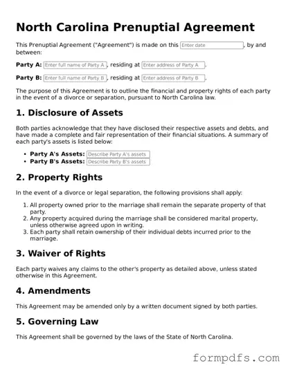 Printable Prenuptial Agreement Form for the State of North Carolina