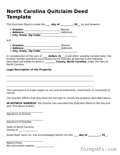Printable Quitclaim Deed Form for the State of North Carolina