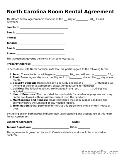 Printable Room Rental Agreement Form for the State of North Carolina