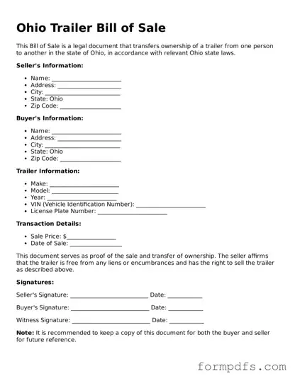 Printable Trailer Bill of Sale Form for the State of Ohio