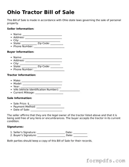 Printable Tractor Bill of Sale Form for the State of Ohio