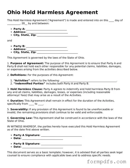 Printable Hold Harmless Agreement Form for the State of Ohio