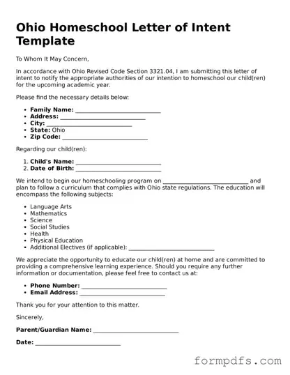 Printable Homeschool Letter of Intent Form for the State of Ohio