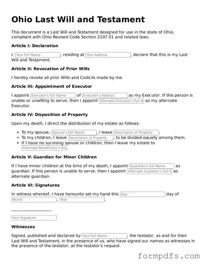 Printable Last Will and Testament Form for the State of Ohio