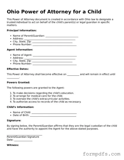 Printable Power of Attorney for a Child Form for the State of Ohio