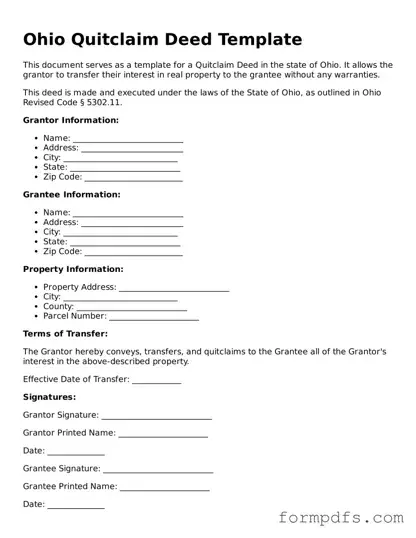 Printable Quitclaim Deed Form for the State of Ohio