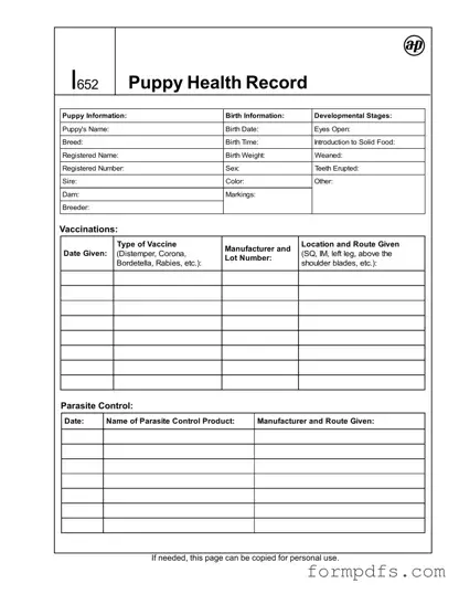 Blank Puppy Health Record PDF Form