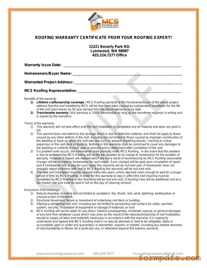 Blank Roofing Warranty Certificate PDF Form