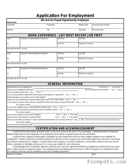 Blank Spanish Application Employment PDF Form