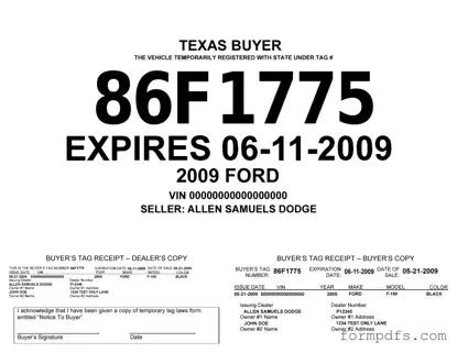 Blank Texas Temporary Tag PDF Form