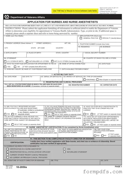 Blank VA 10-2850a PDF Form