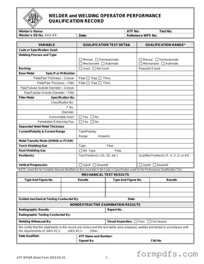Blank Welder Performance Qualification Record PDF Form
