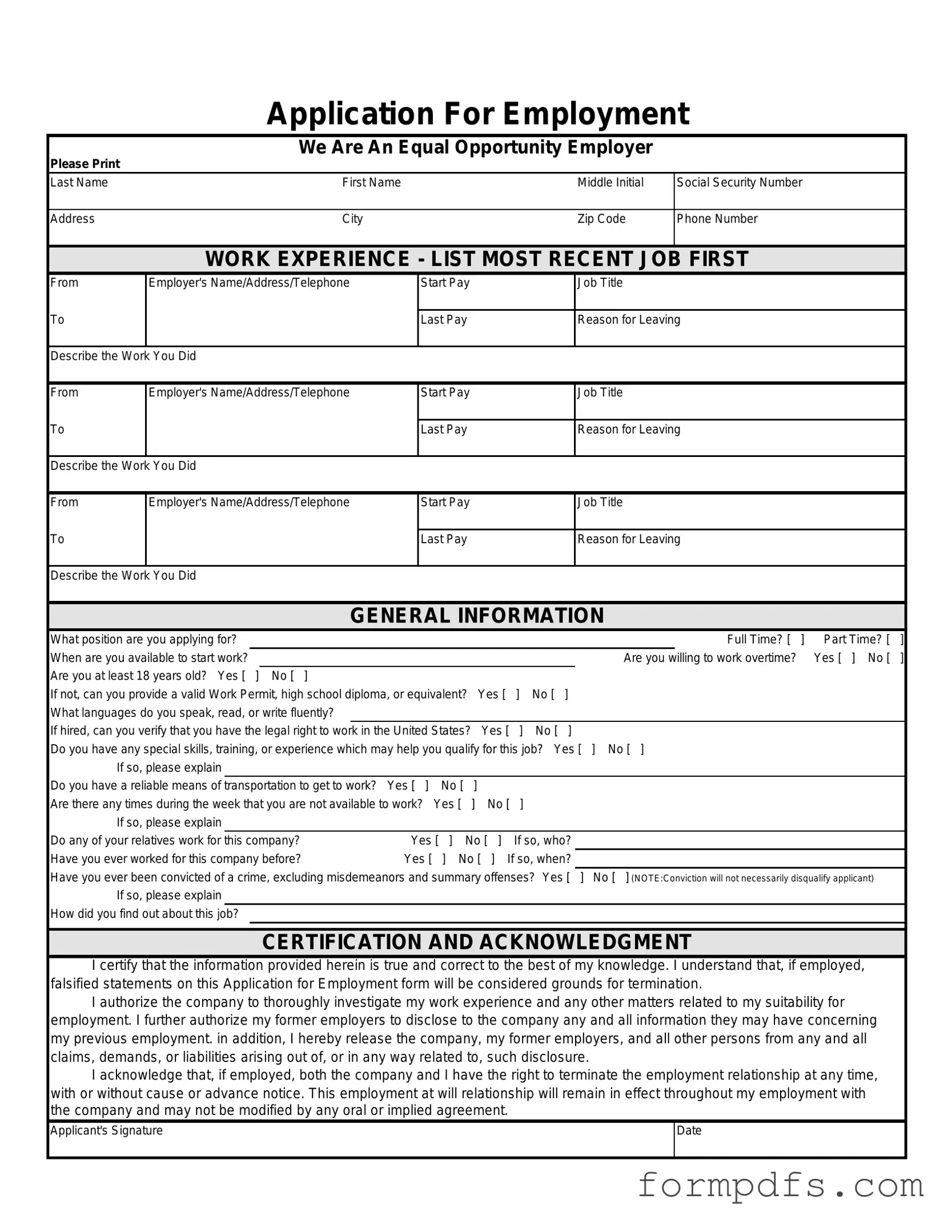 Blank Spanish Application Employment PDF Form