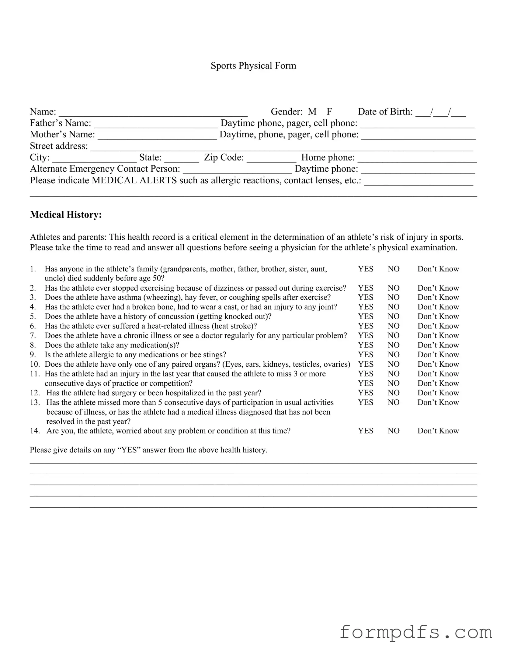 Blank Sports Physical PDF Form