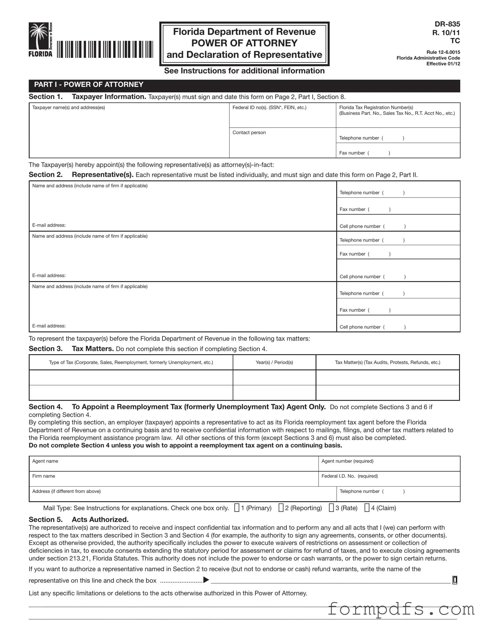 Blank Tax POA dr 835 PDF Form