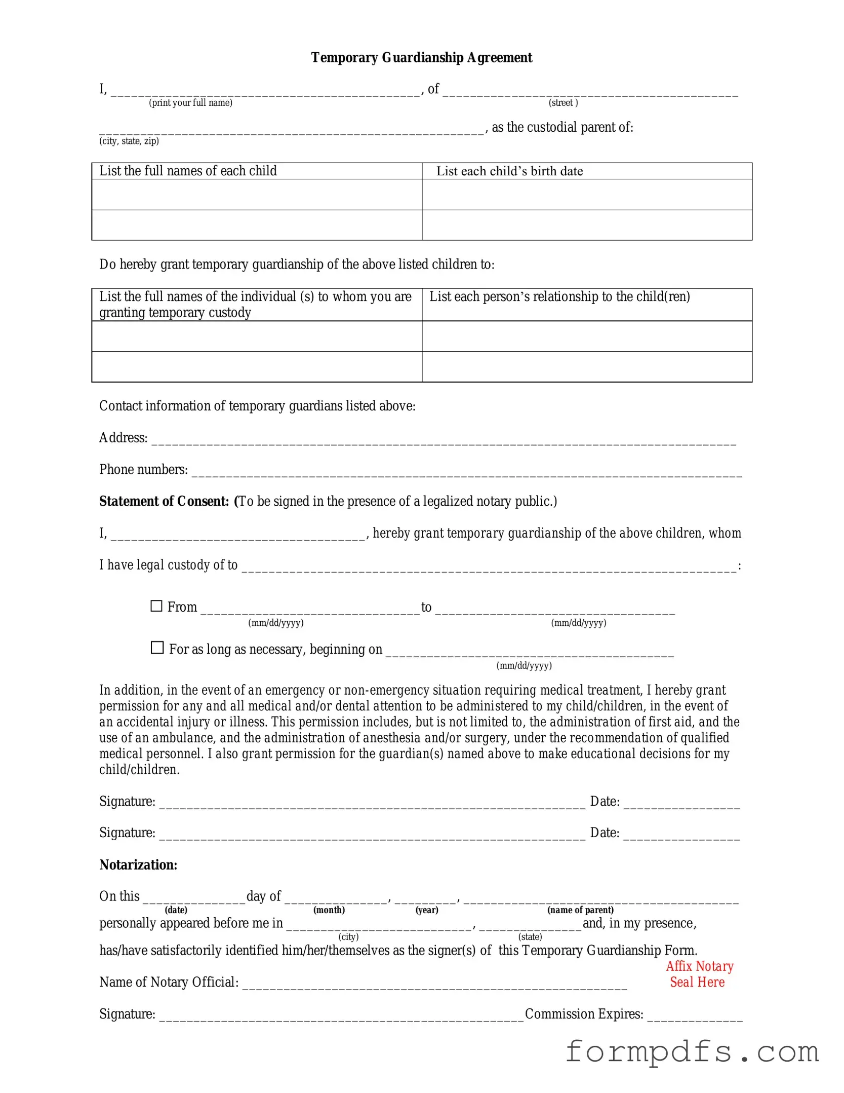 Blank Temporary Custody PDF Form