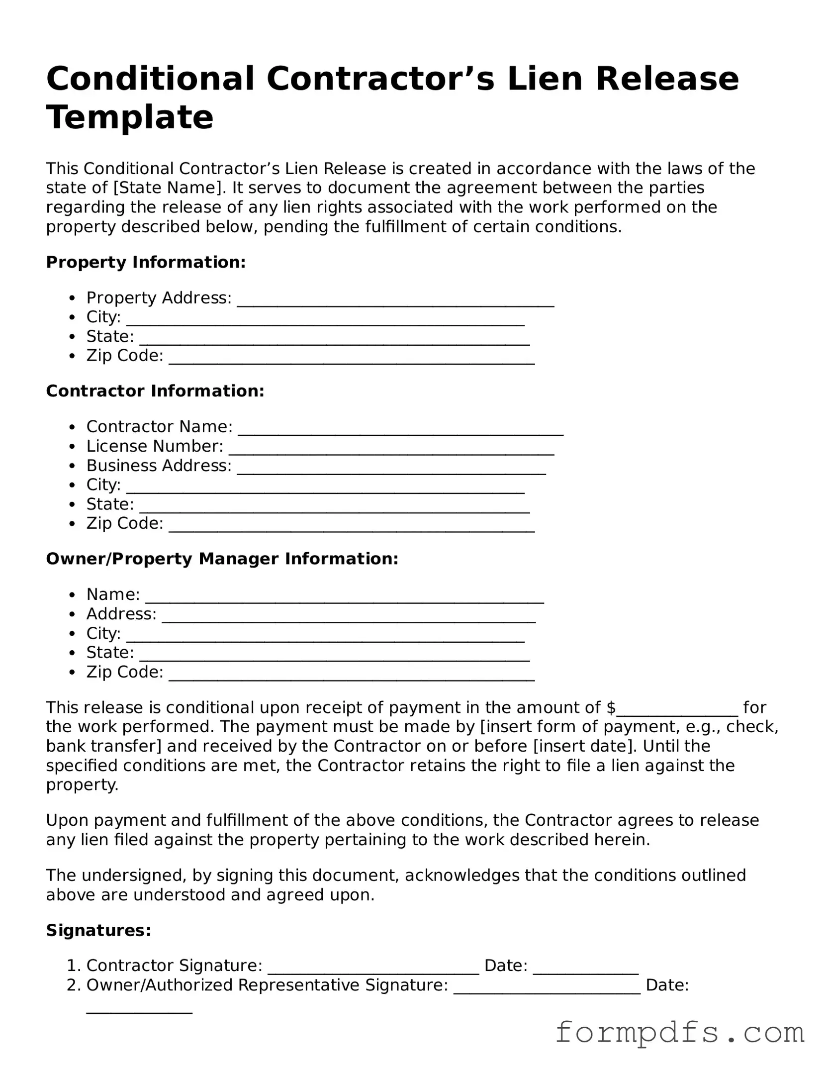 Valid Conditional Contractor’s Lien Release Template