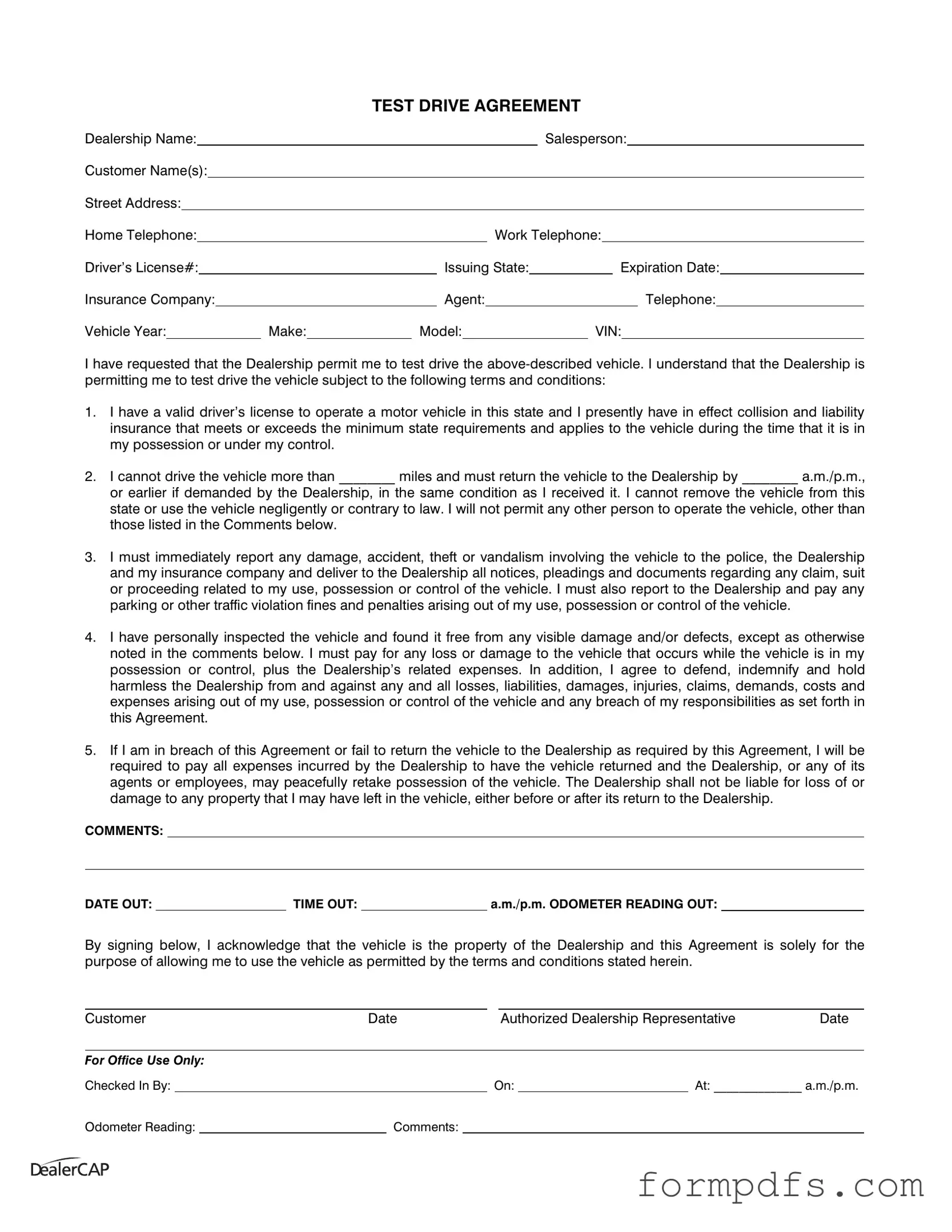 Blank Test Drive PDF Form