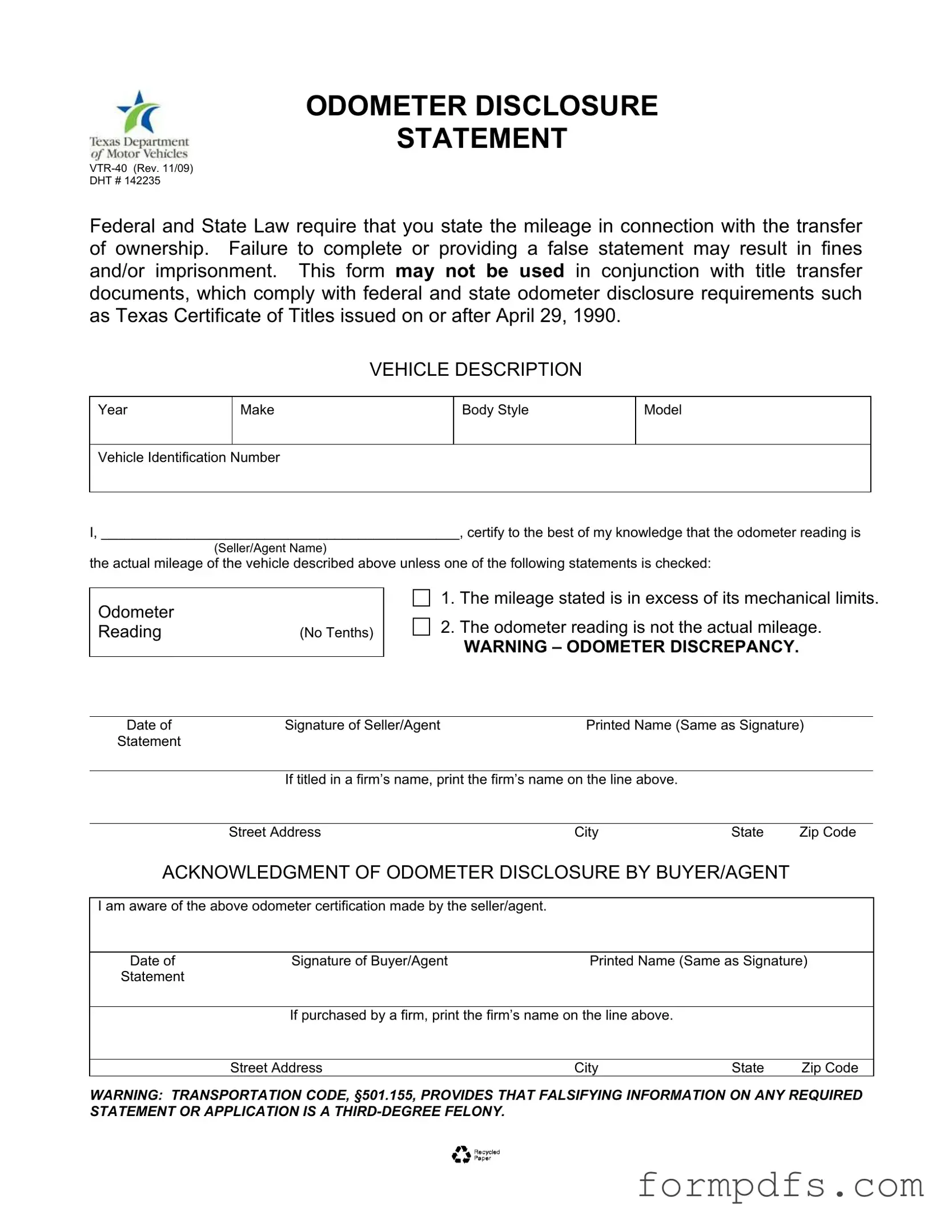 Blank Texas Odometer Statement PDF Form