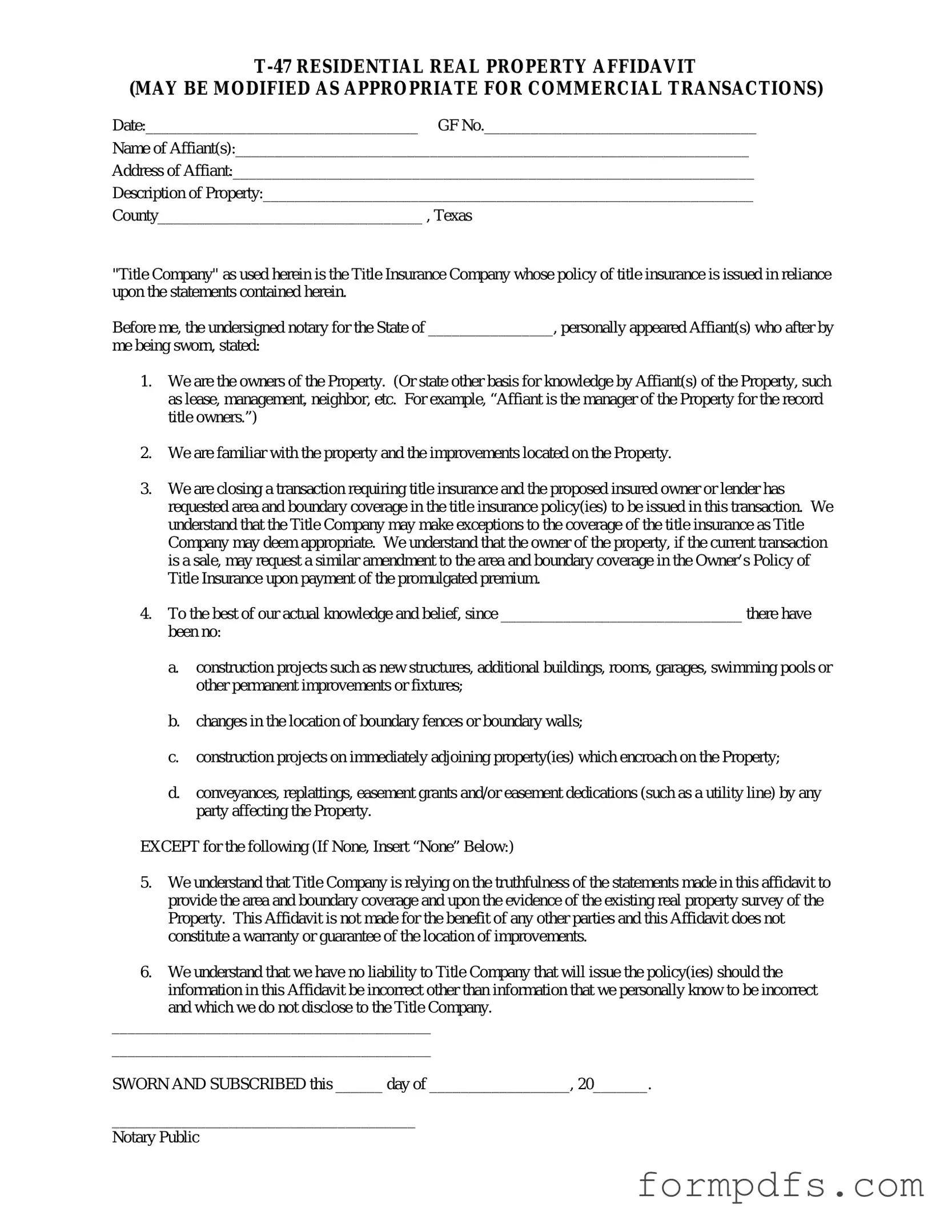 Blank Texas residential property affidavit T-47 PDF Form