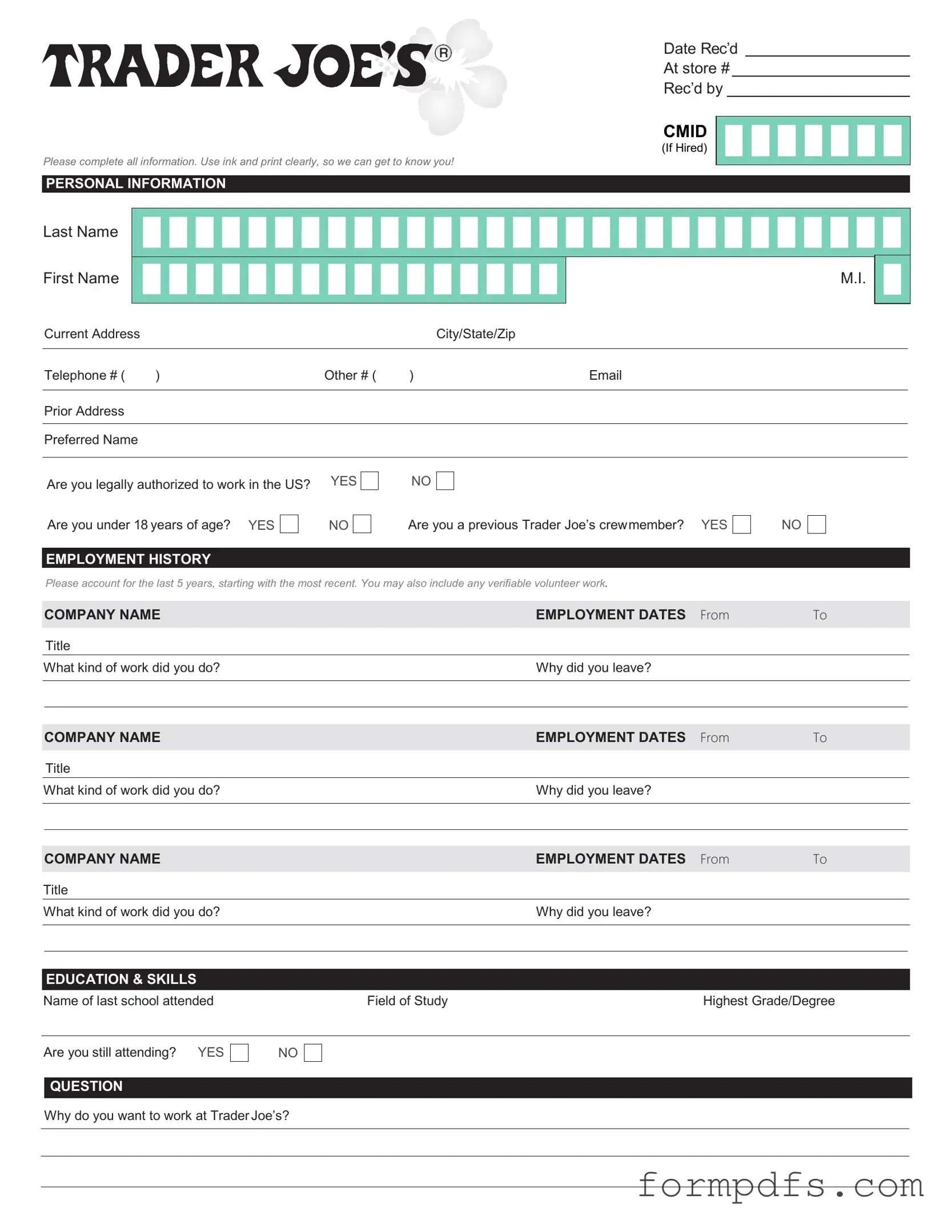 Blank Trader Joe's application PDF Form