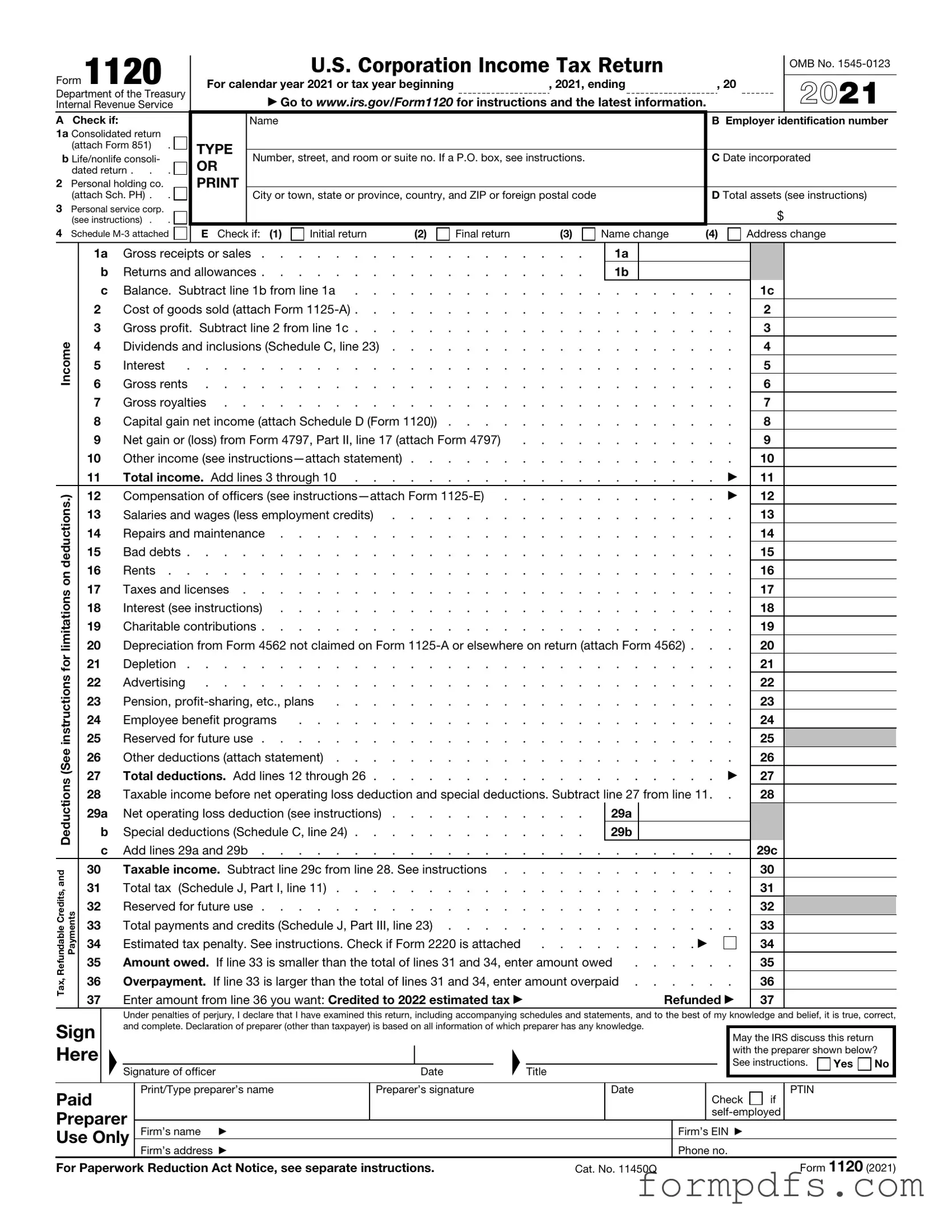 Blank IRS 1120 PDF Form