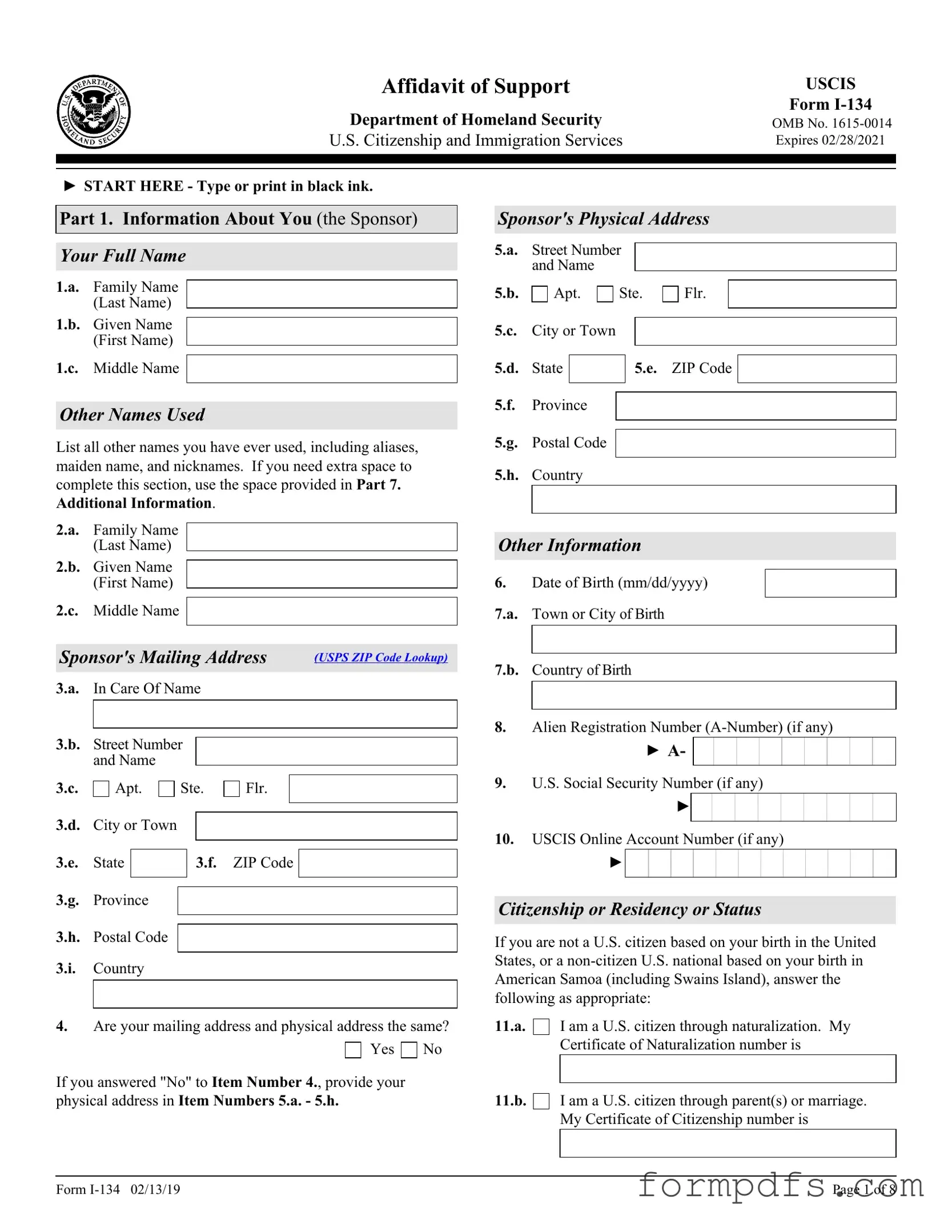 Blank USCIS I-134 PDF Form