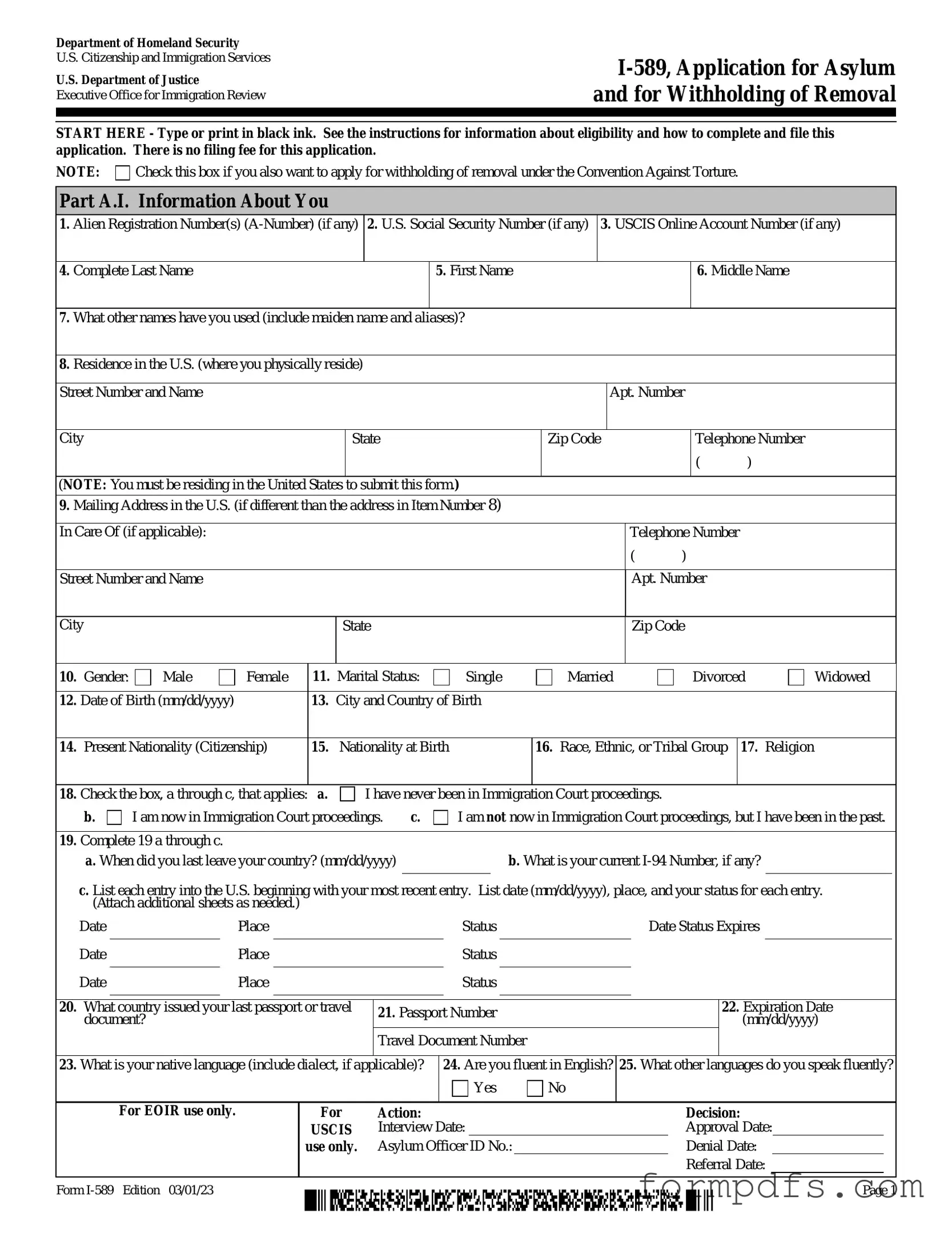 Blank USCIS I-589 PDF Form