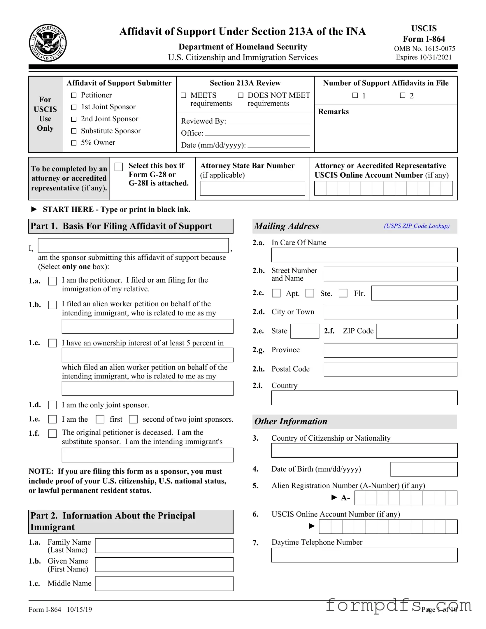 Blank USCIS I-864 PDF Form