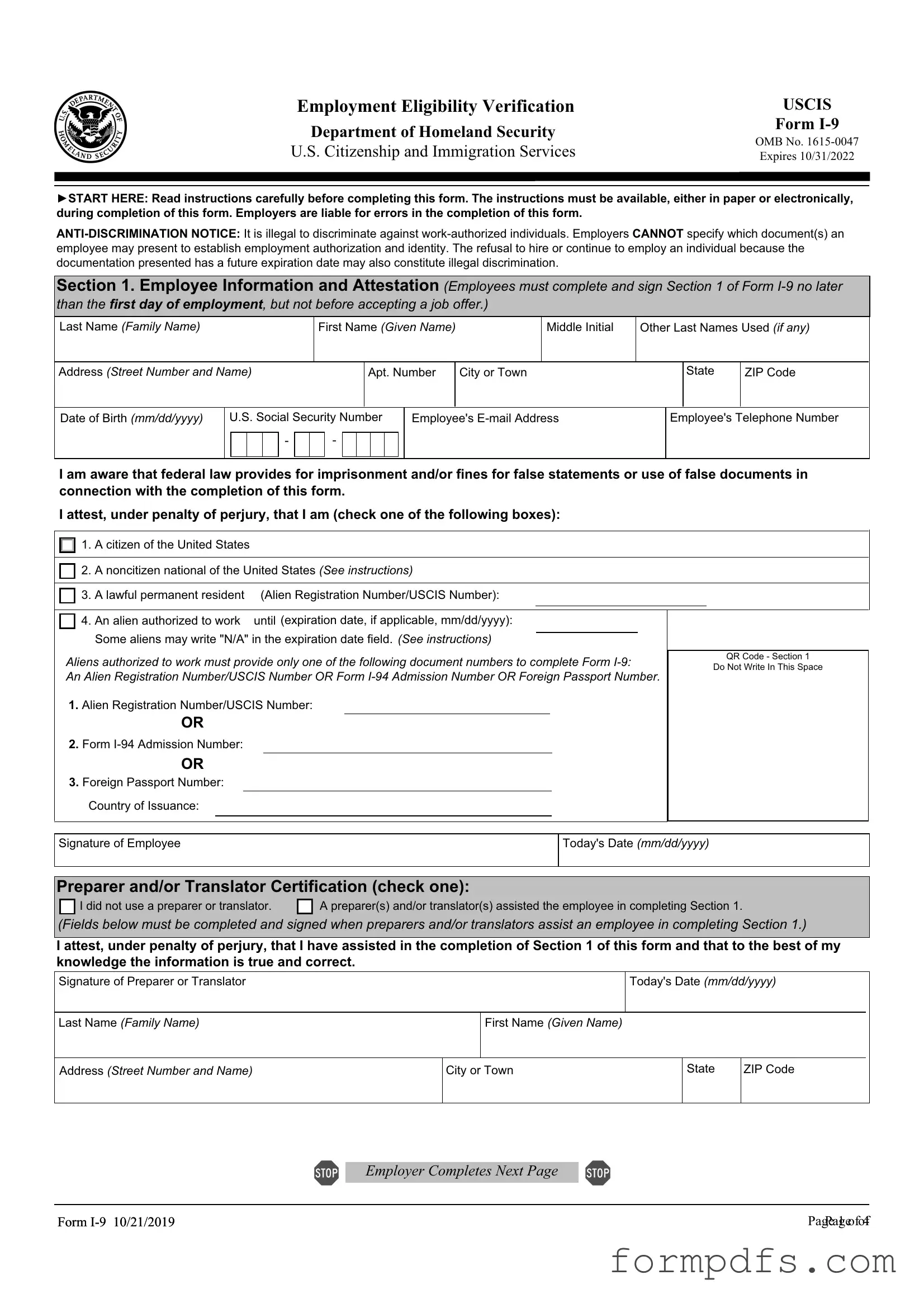 Blank USCIS I-9 PDF Form