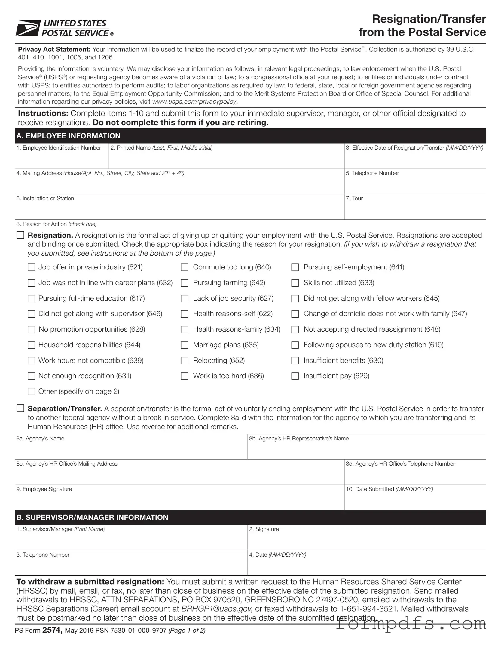 Blank Usps Resignation PDF Form