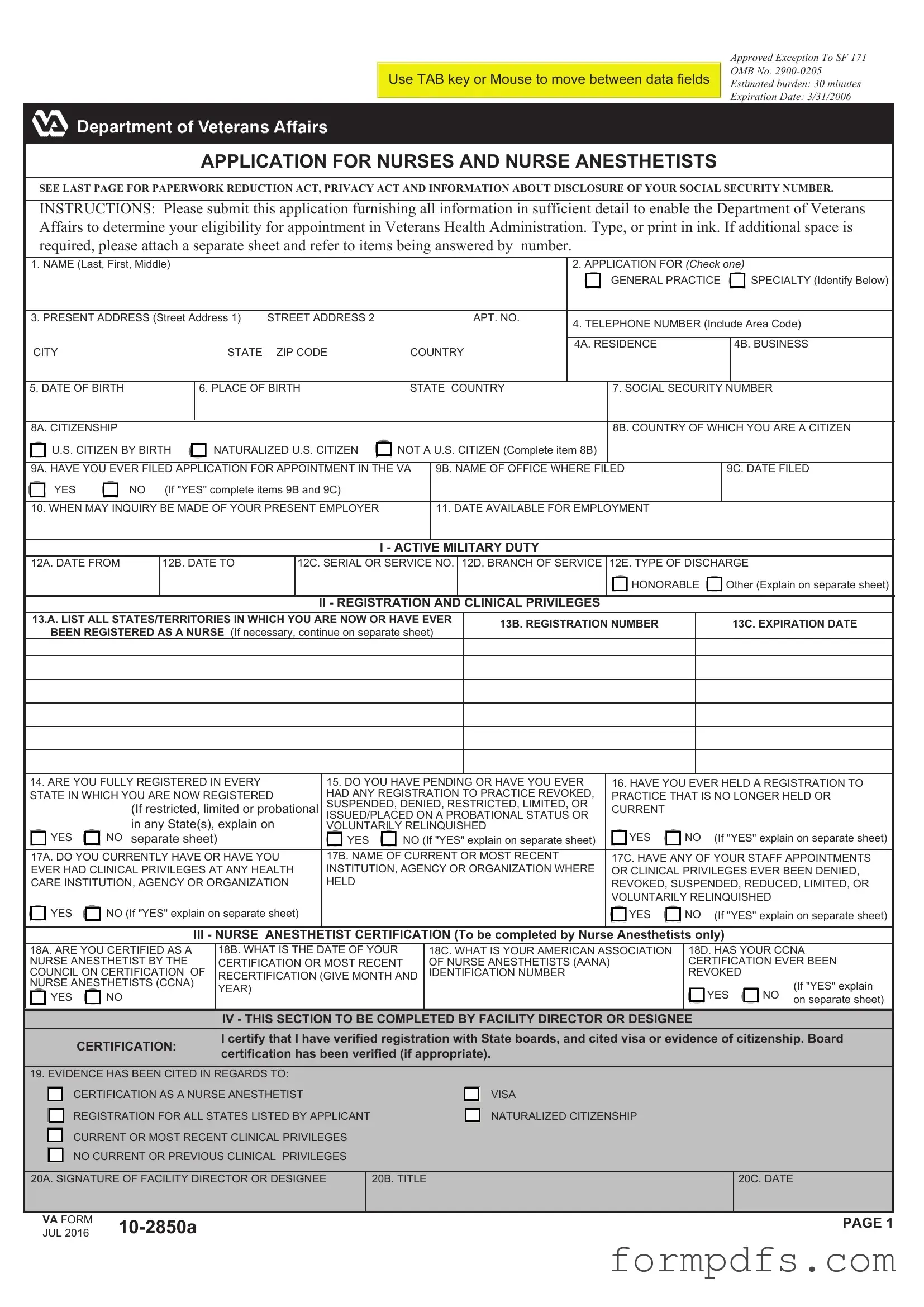 Blank VA 10-2850a PDF Form