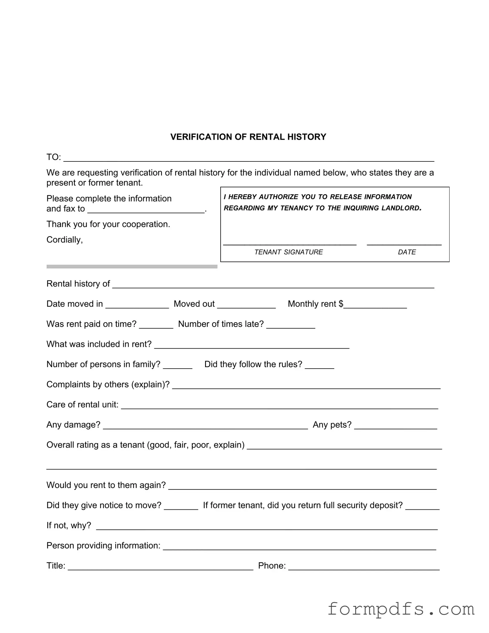 Blank Verification Rental PDF Form