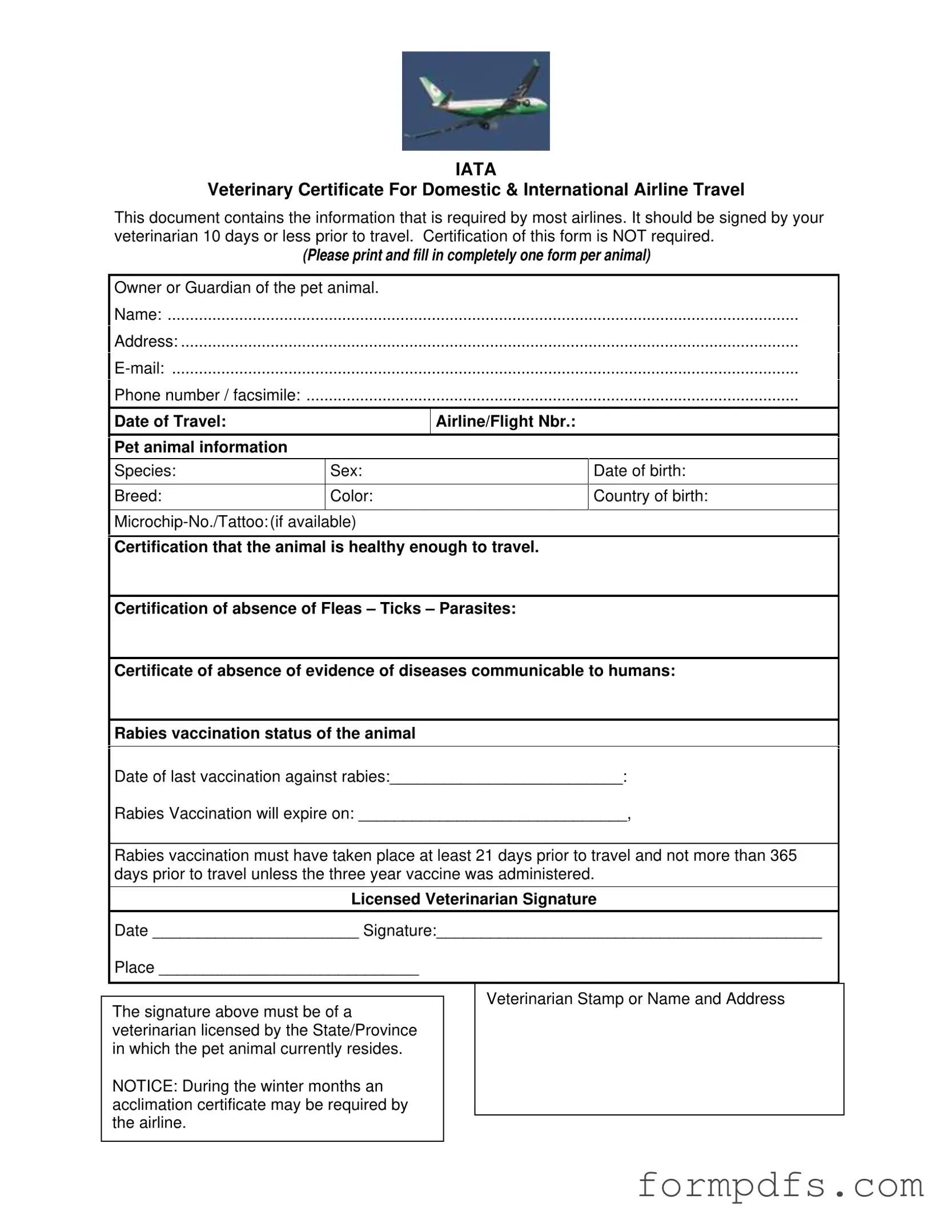 Blank Veterinary Certificate Travel PDF Form