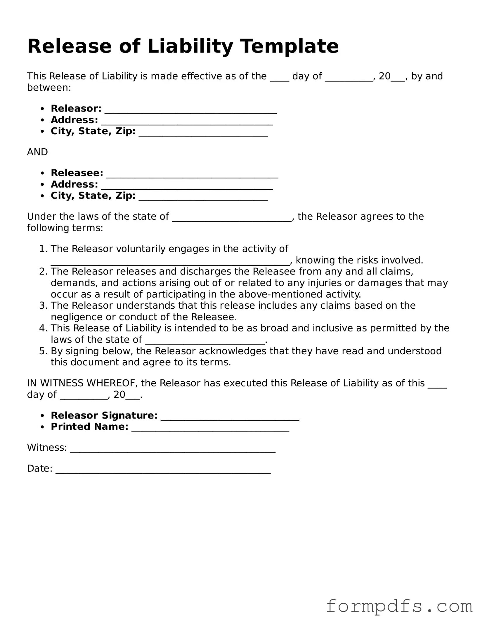 Valid Release of Liability Template