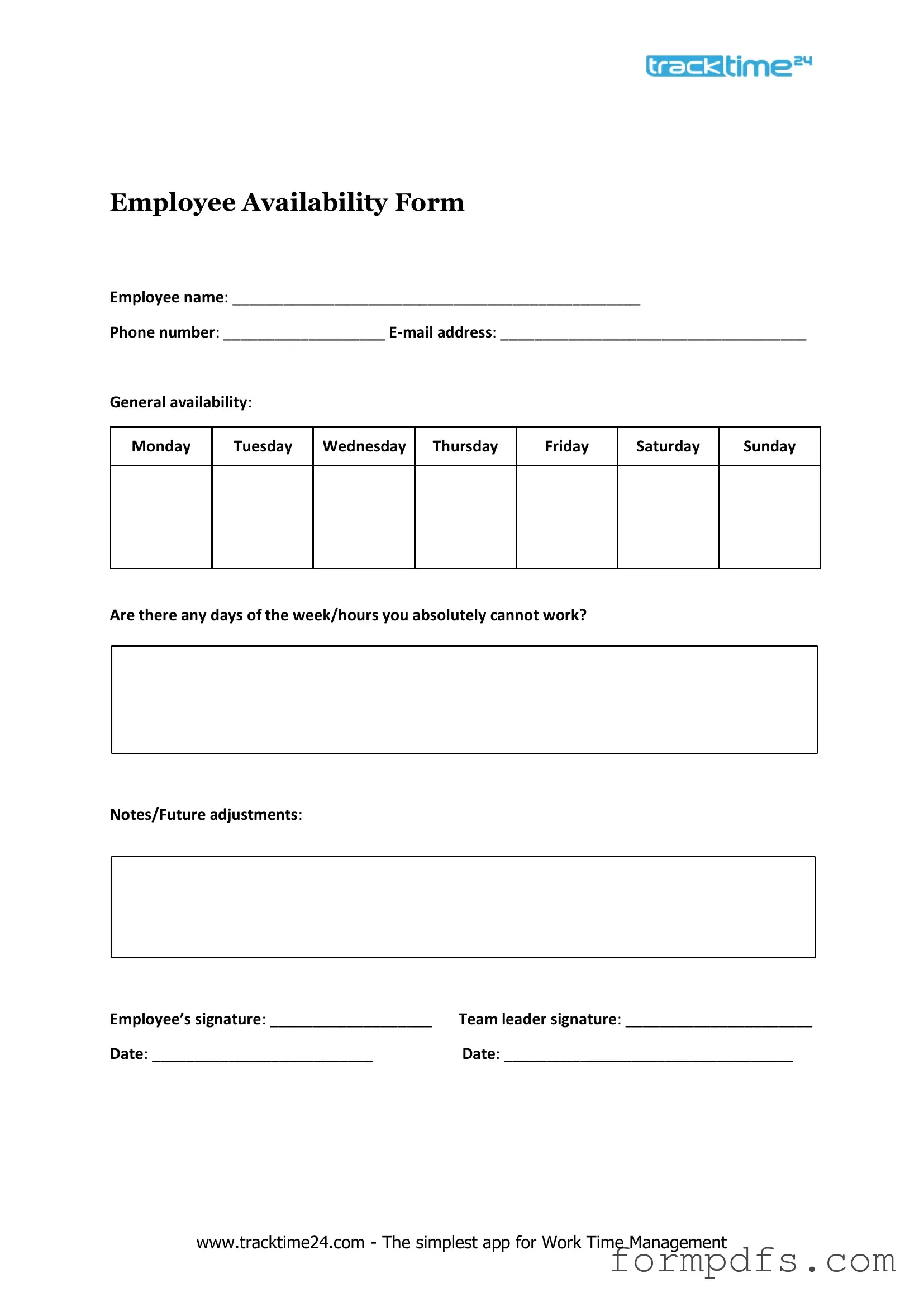 Blank Employee Availability PDF Form