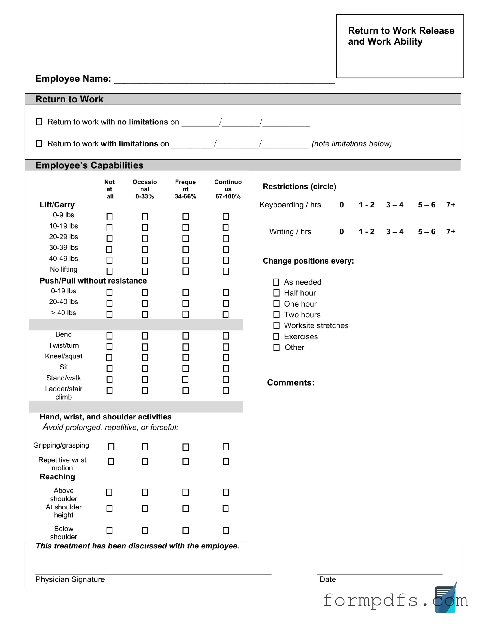 Blank Work Release PDF Form