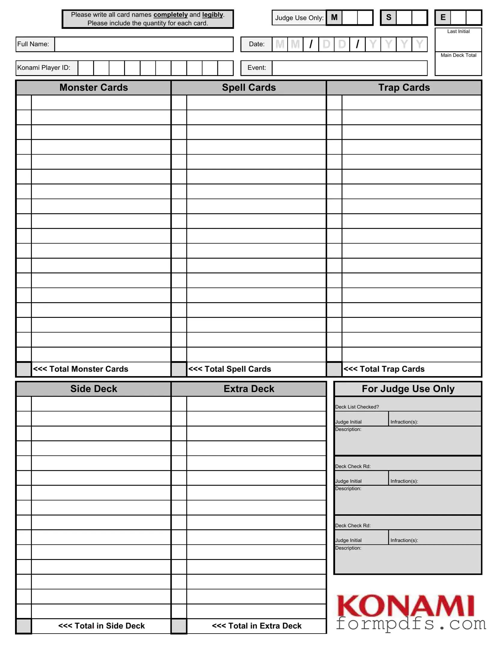 Blank Konami Decklist PDF Form